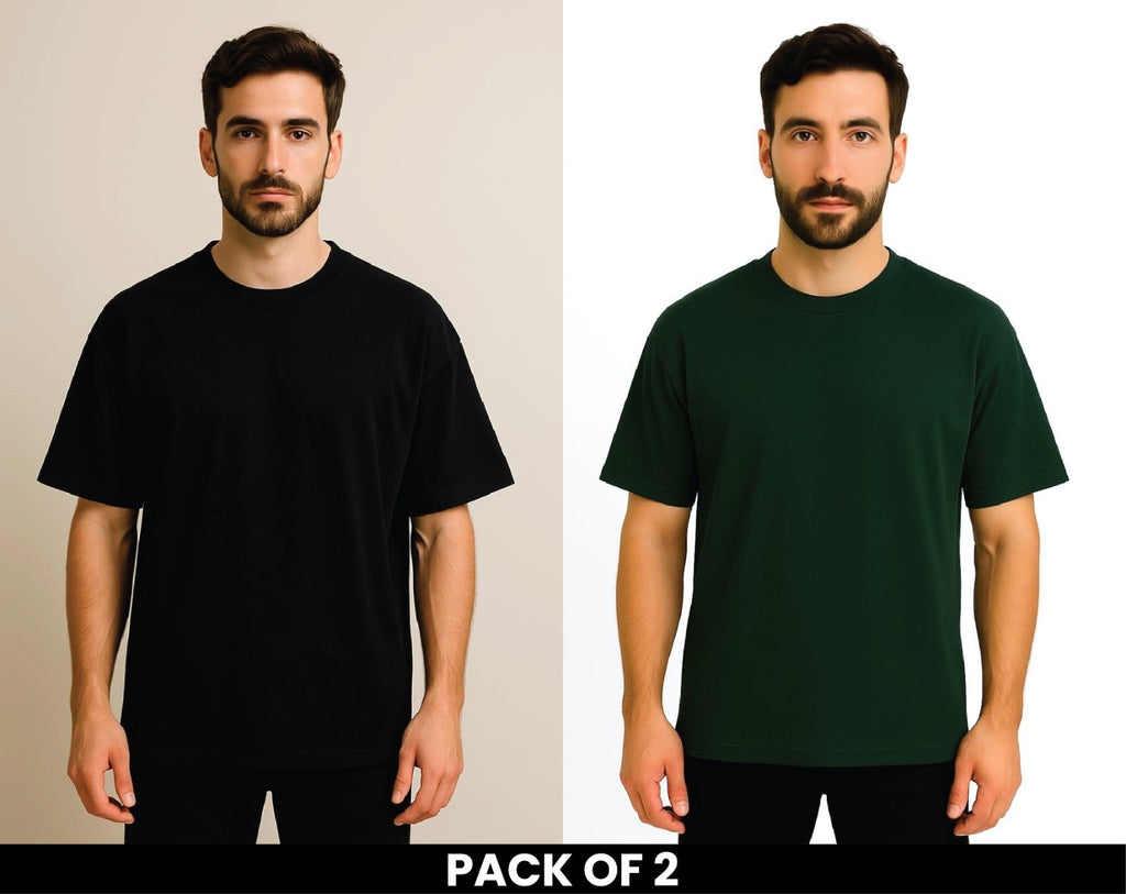 Pack Of 2 Black And Bottle Green DropShoulder T Shirt