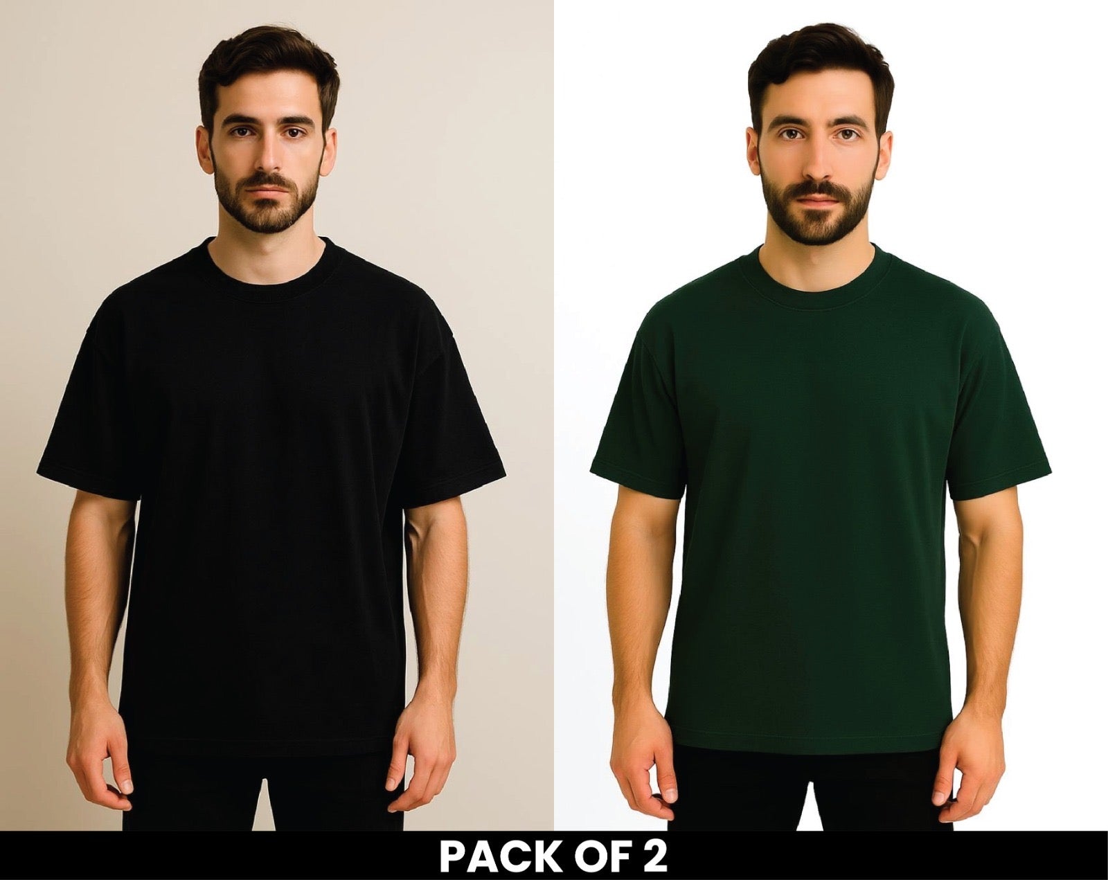 Pack Of 2 Black And Bottle Green DropShoulder T Shirt