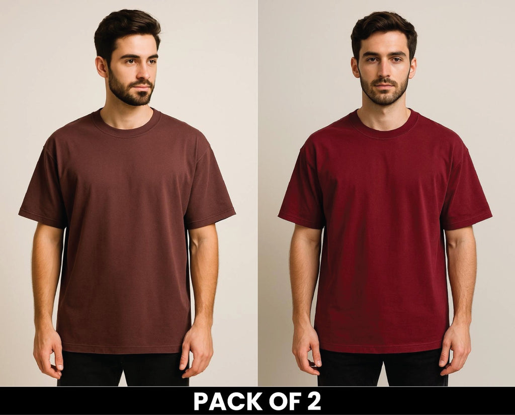Pack Of 2 Brown And Mehroon DropShoulder T Shirt