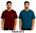 Pack Of 2 Teal Blue  and Mehroon  White Stitching DropShoulder T Shirt
