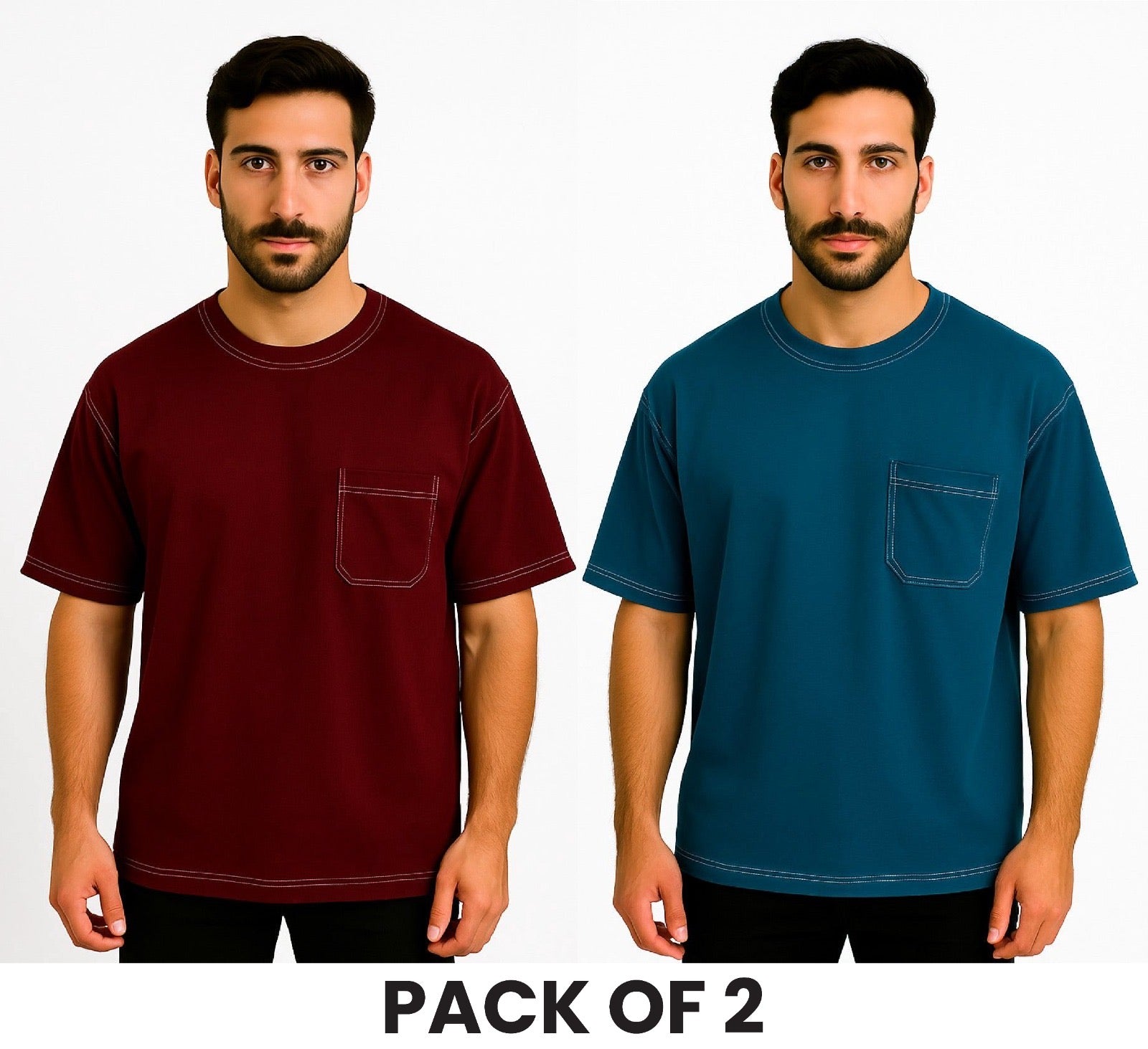 Pack Of 2 Teal Blue  and Mehroon  White Stitching DropShoulder T Shirt