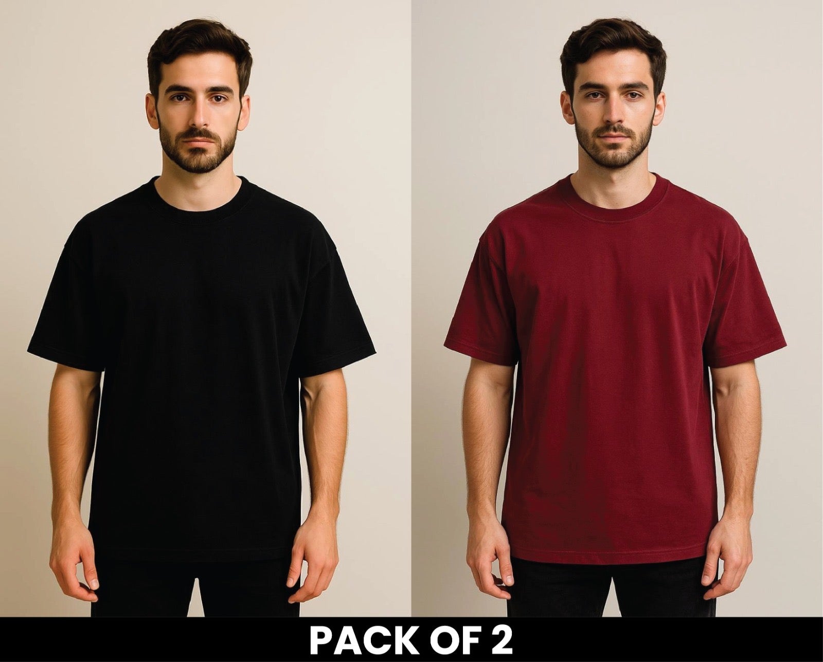 Pack Of 2 Black And Mehroon DropShoulder T Shirt