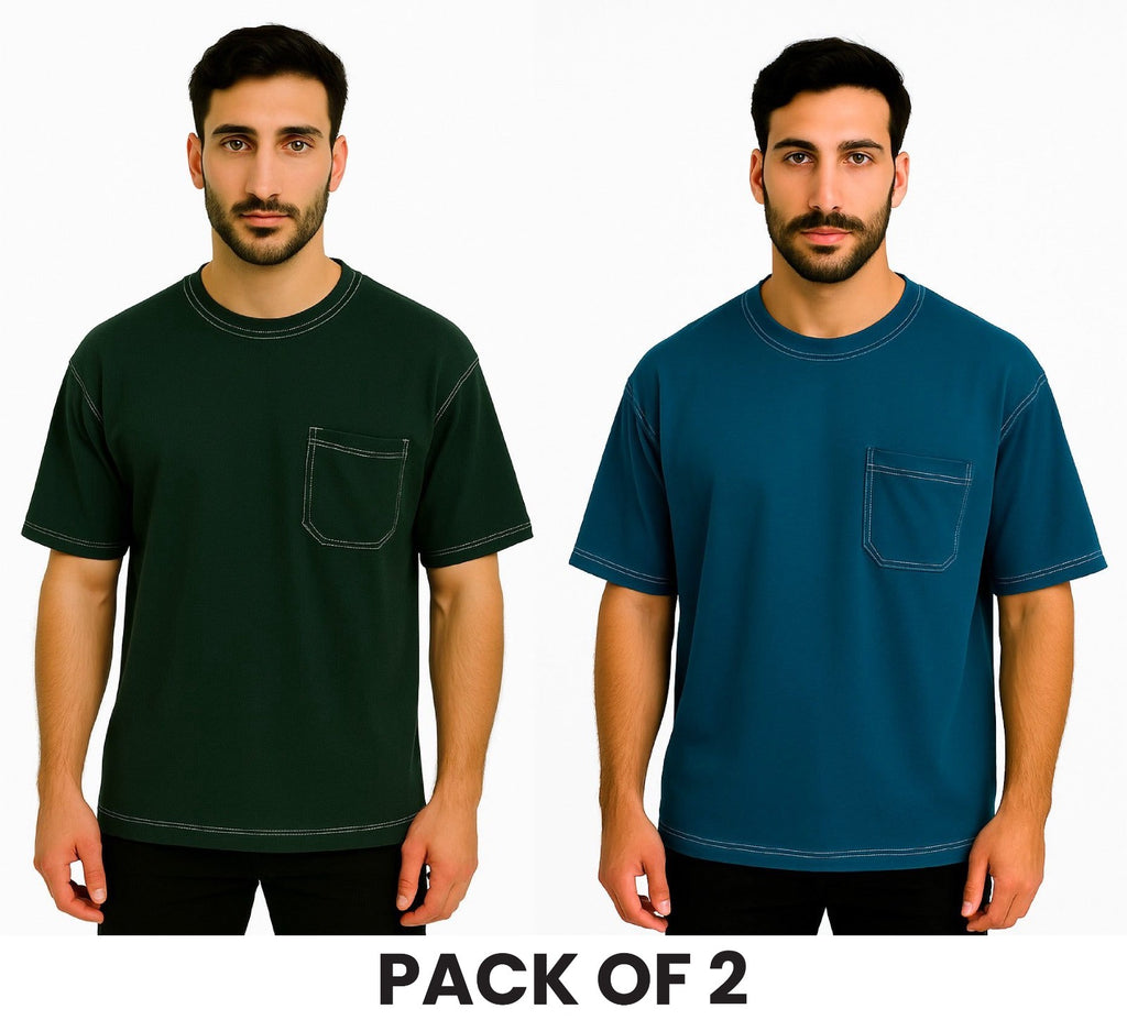 Pack Of 2 Teal Blue  and Bottle Green White Stitching DropShoulder T Shirt