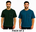 Pack Of 2 Teal Blue  and Bottle Green White Stitching DropShoulder T Shirt