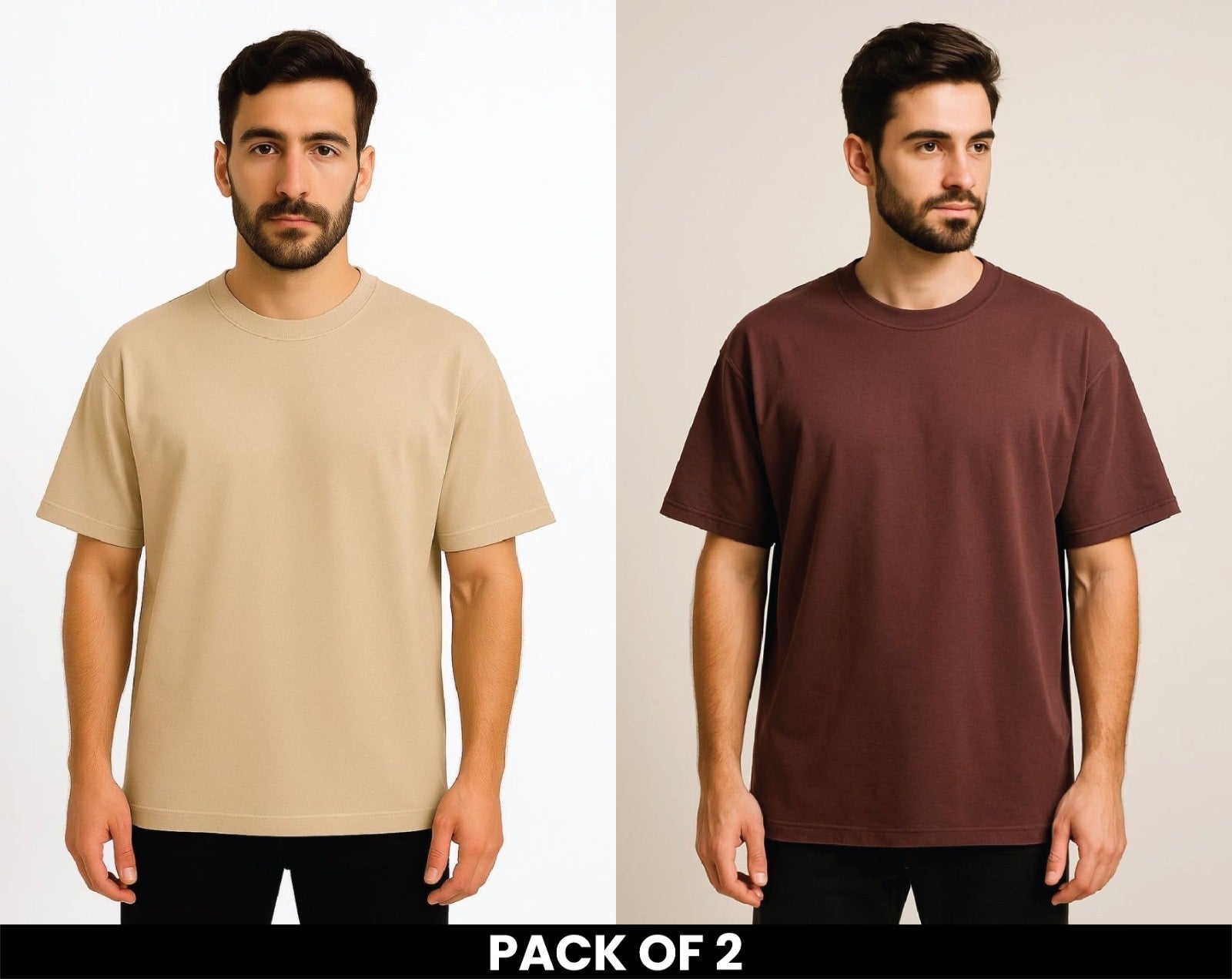 Pack Of 2 BeigeAnd Brown  DropShoulder T Shirt