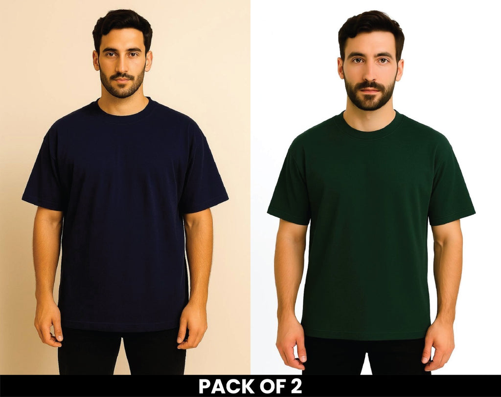 Pack Of 2  Navy Blue And Bottle Green DropShoulder T Shirt