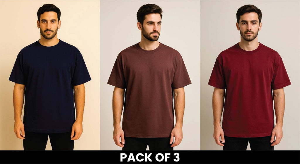 Pack Of 3 Navy Blue , Brown And Mehroon DropShoulder T Shirt