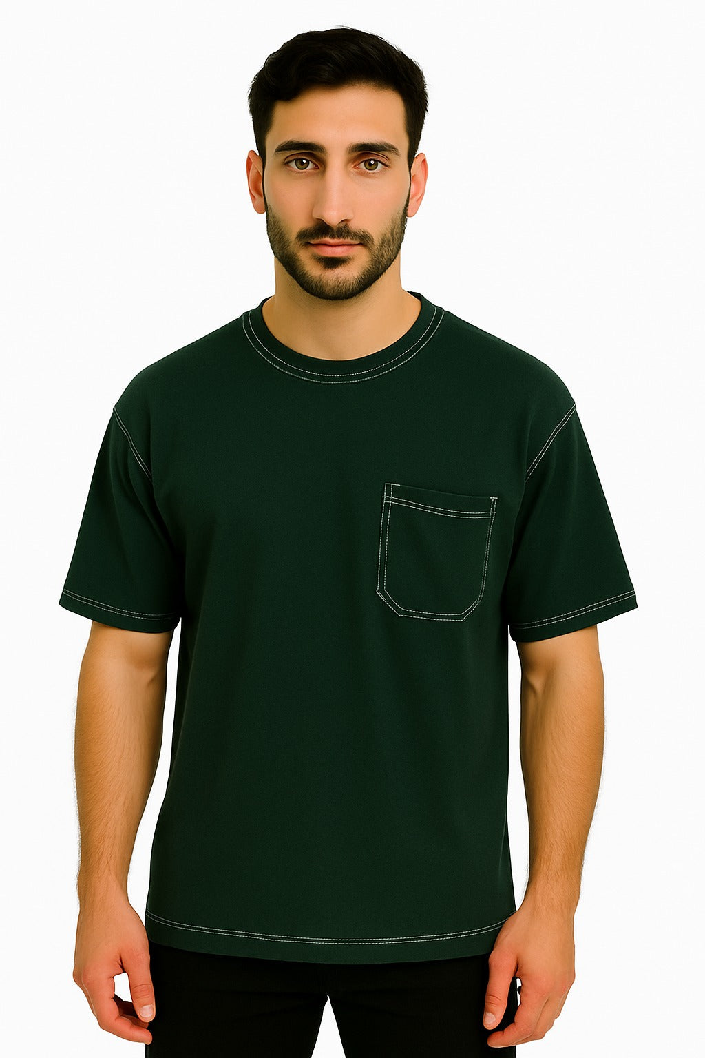 Bottle Green White Stitching DropShoulder T Shirt