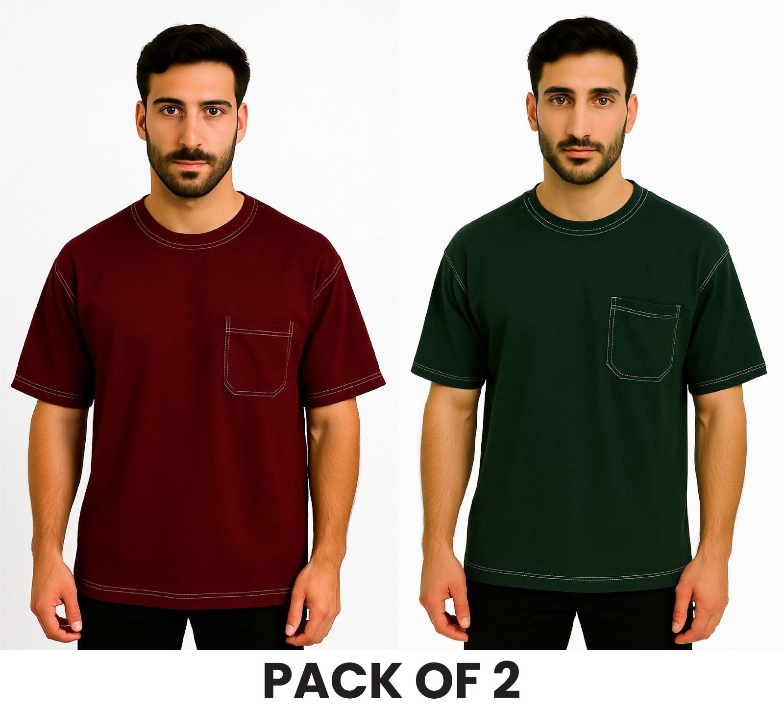 Pack Of 2 Mehroon and Bottle Green White Stitching DropShoulder T Shirt