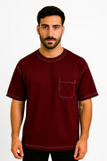 Mehroon White Stitching DropShoulder T Shirt