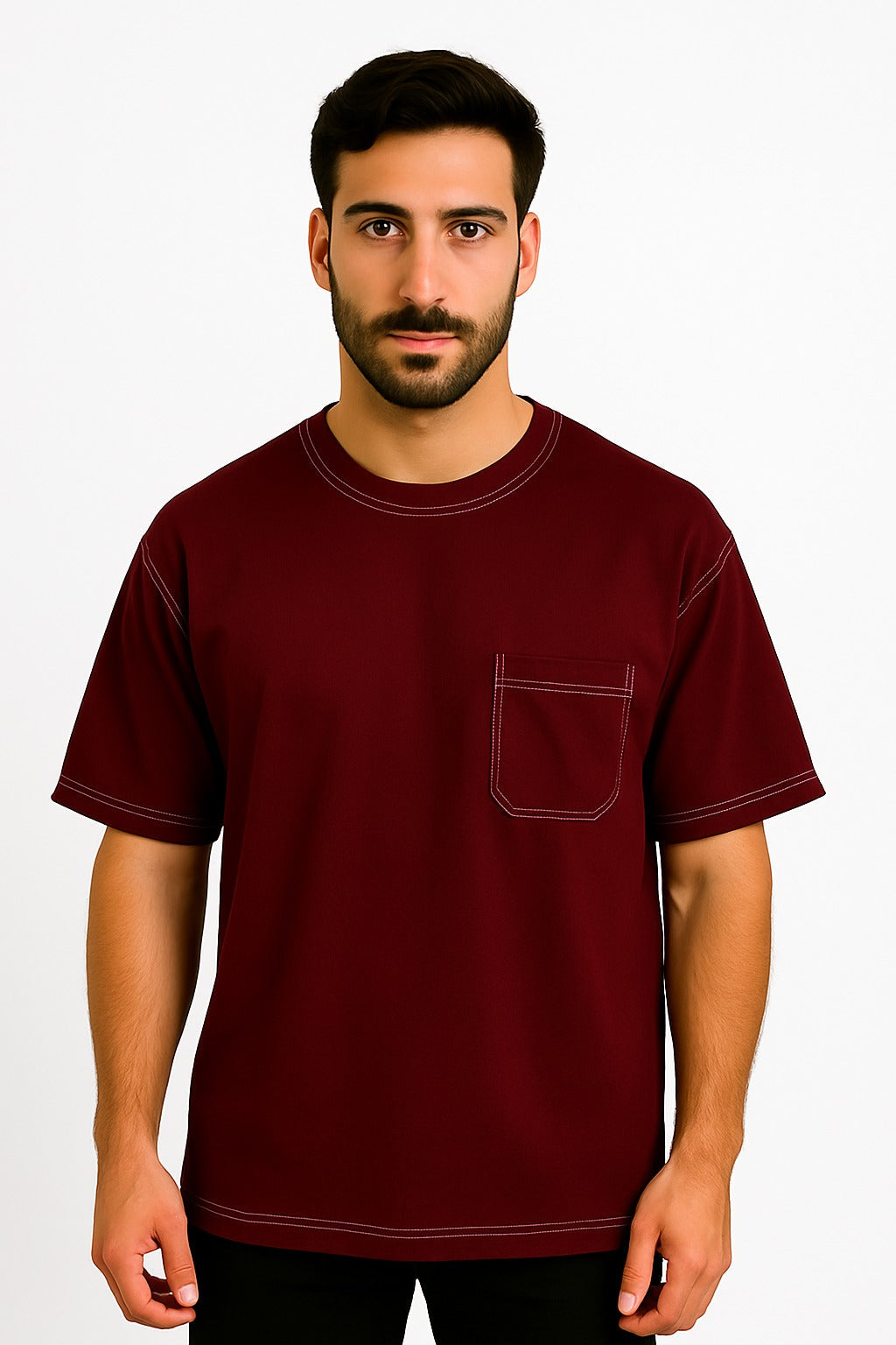 Mehroon White Stitching DropShoulder T Shirt