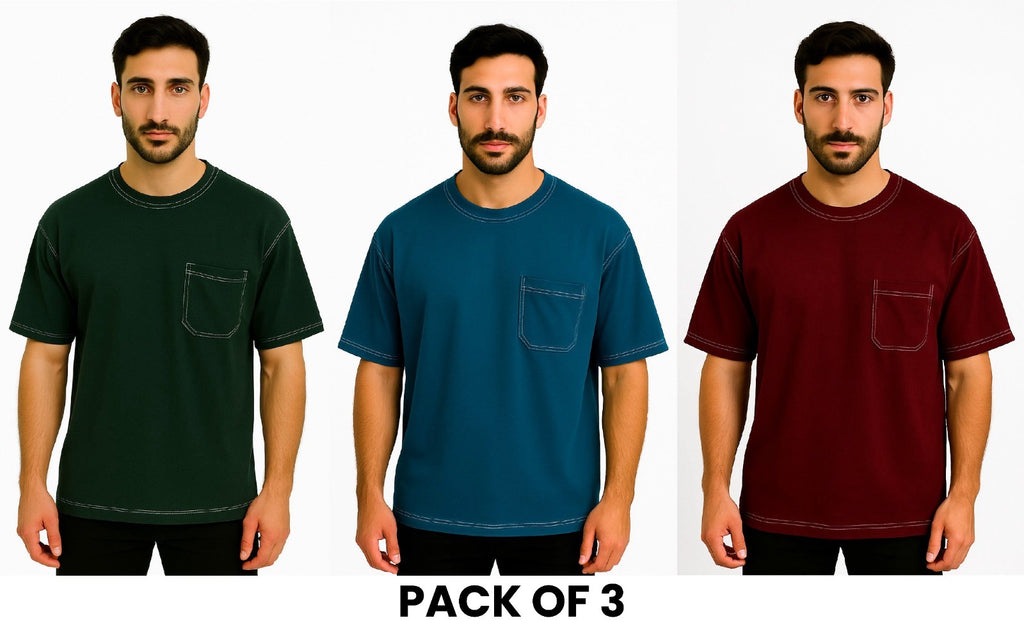 Pack Of 3 Teal Blue , Mehroon and Bottle Green  White Stitching  DropShoulder T Shirt