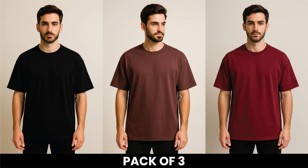 Pack Of 3 Black , Brown And Mehroon DropShoulder T Shirt
