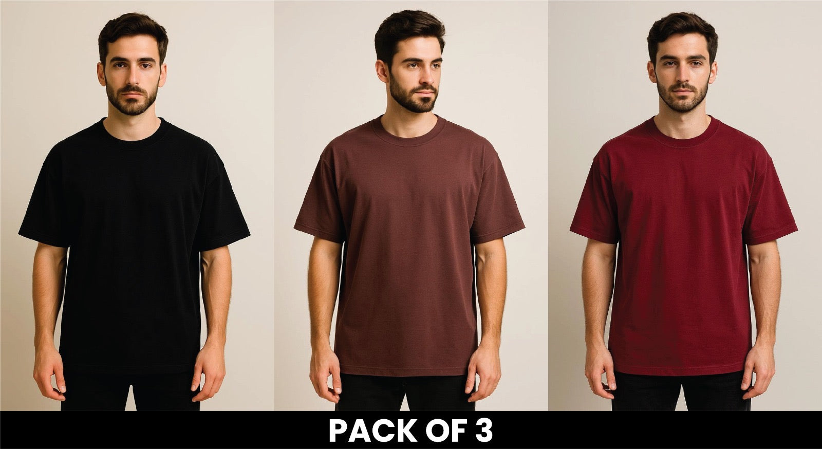 Pack Of 3 Black , Brown And Mehroon DropShoulder T Shirt