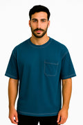 Teal Blue  White Stitching DropShoulder T Shirt