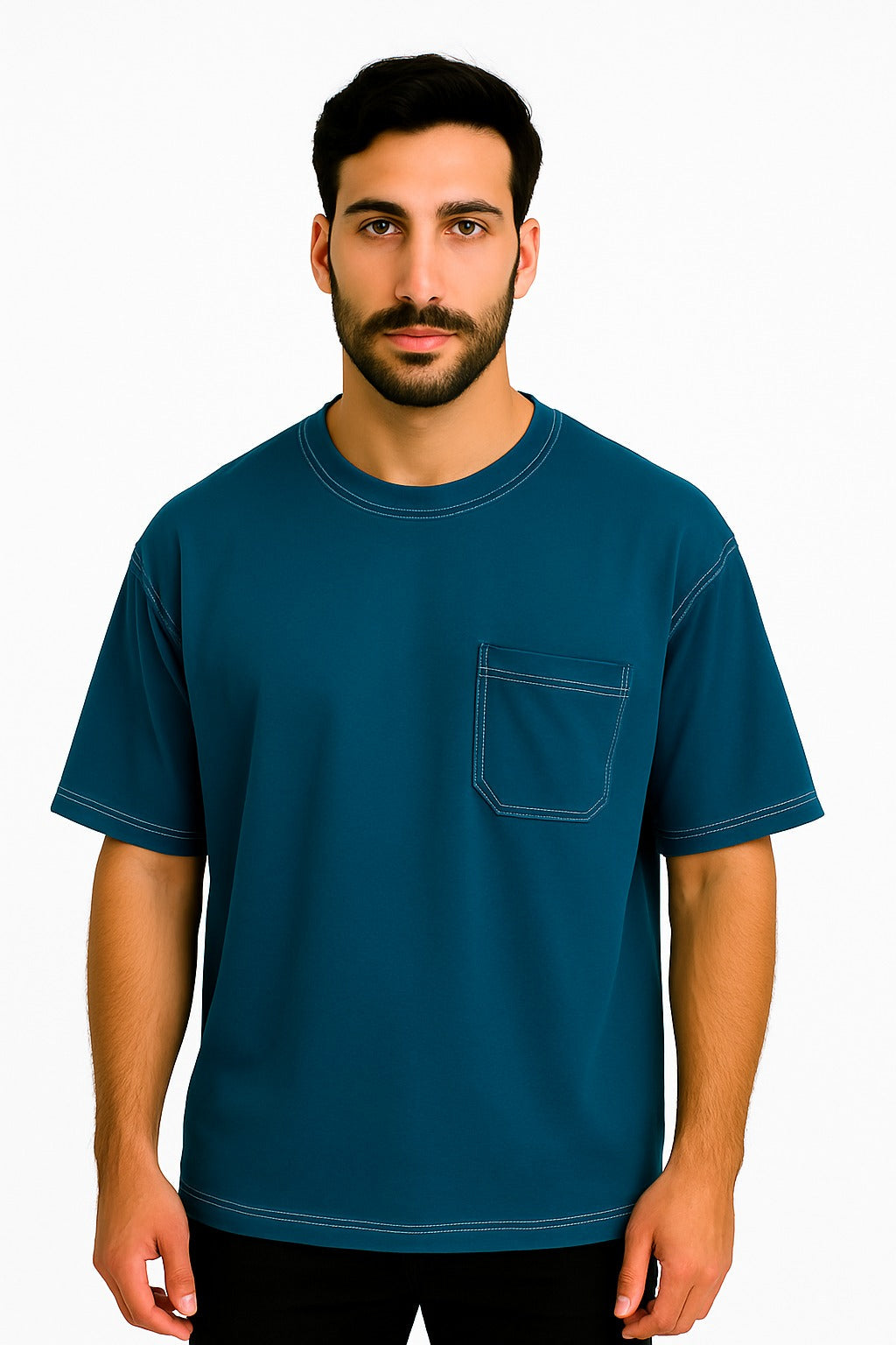 Teal Blue  White Stitching DropShoulder T Shirt