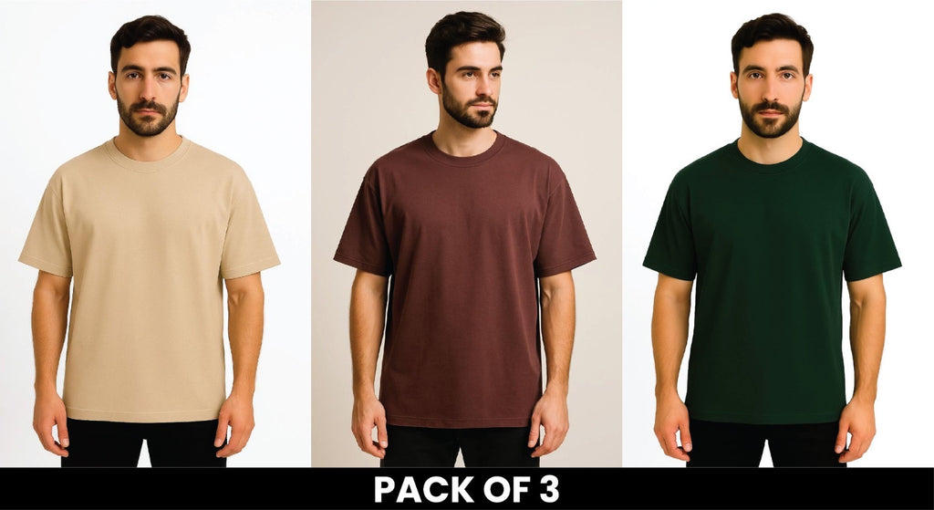 Pack Of 3 Beige , Brown And Bottle Green DropShoulder T Shirt