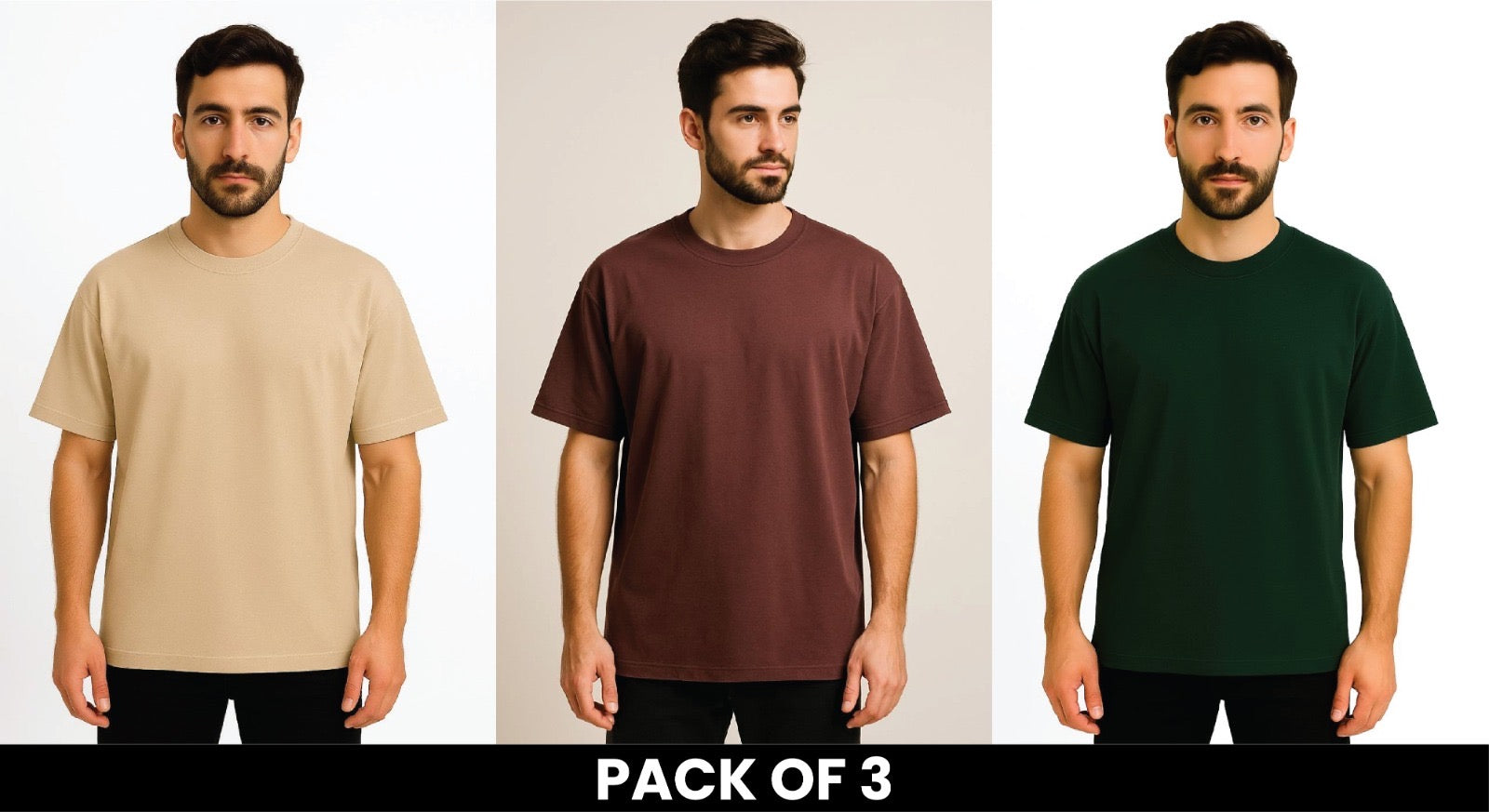 Pack Of 3 Beige , Brown And Bottle Green DropShoulder T Shirt