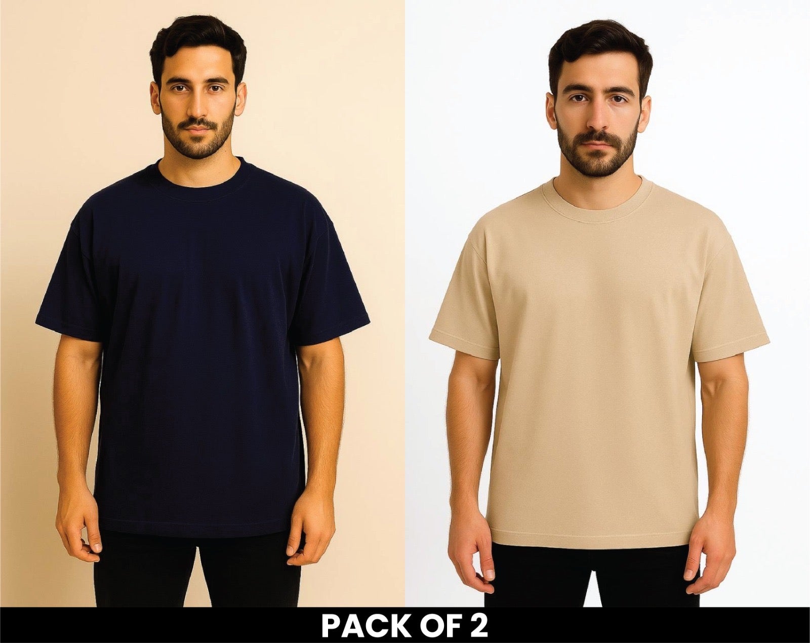 Pack Of 2 Navy Blue And BeigeDropShoulder T Shirt