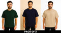 Pack Of 3 Bottle Green , Navy Blue And Beige  DropShoulder T Shirt