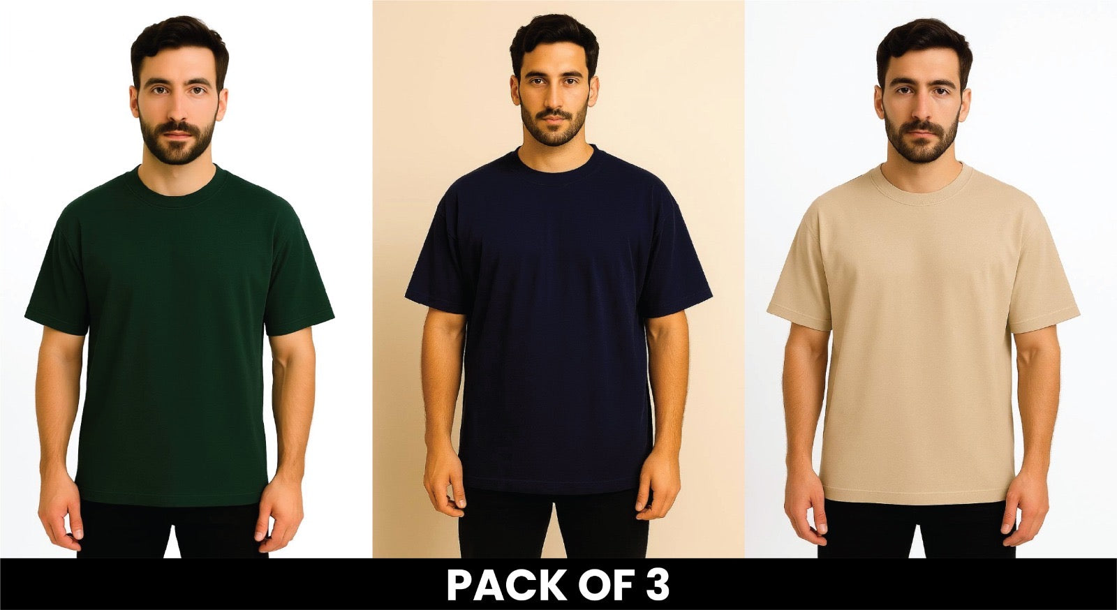 Pack Of 3 Bottle Green , Navy Blue And Beige  DropShoulder T Shirt